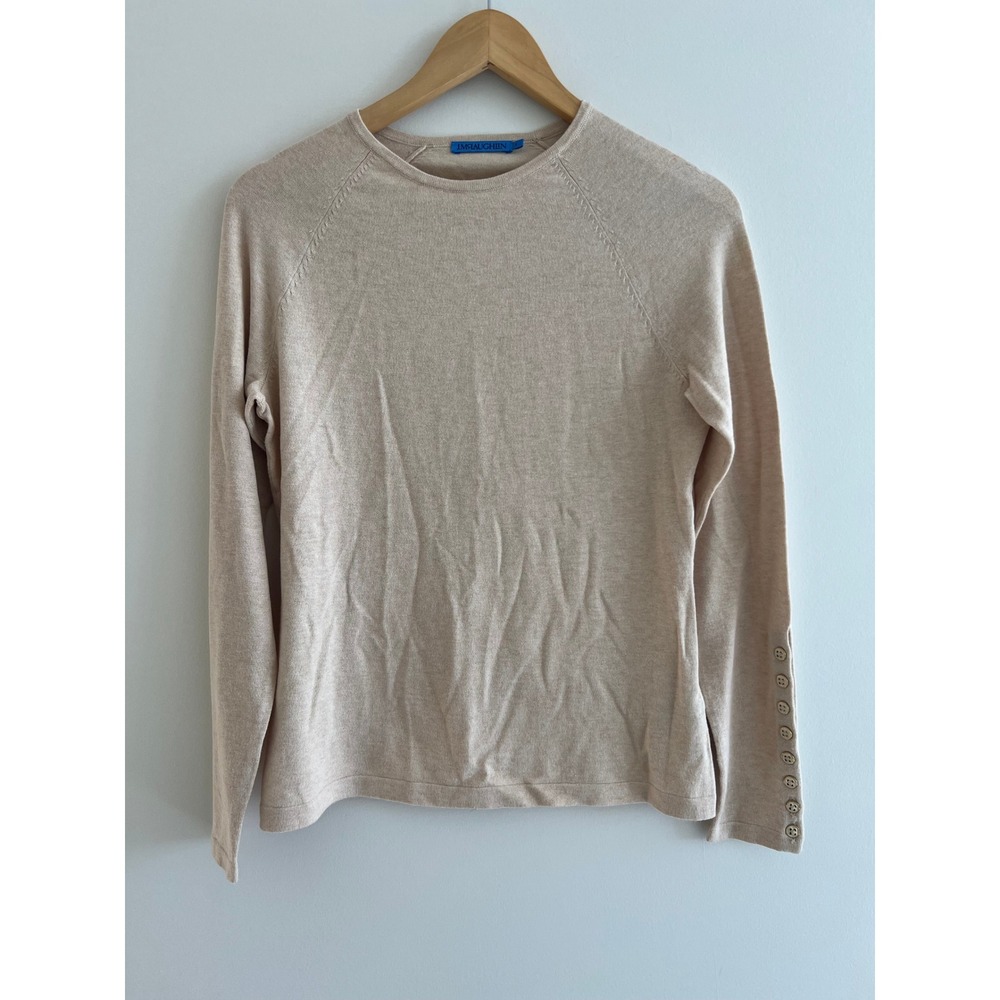 J‎ McLaughlin Button Sleeve Sweater Small Oatmeal Beige Quiet Luxury Knit Preppy